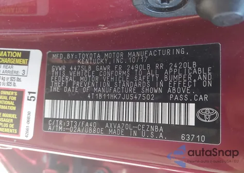 2018 Toyota Camry Le из США, поврежденный, VIN 4T1B11HK7JU547502